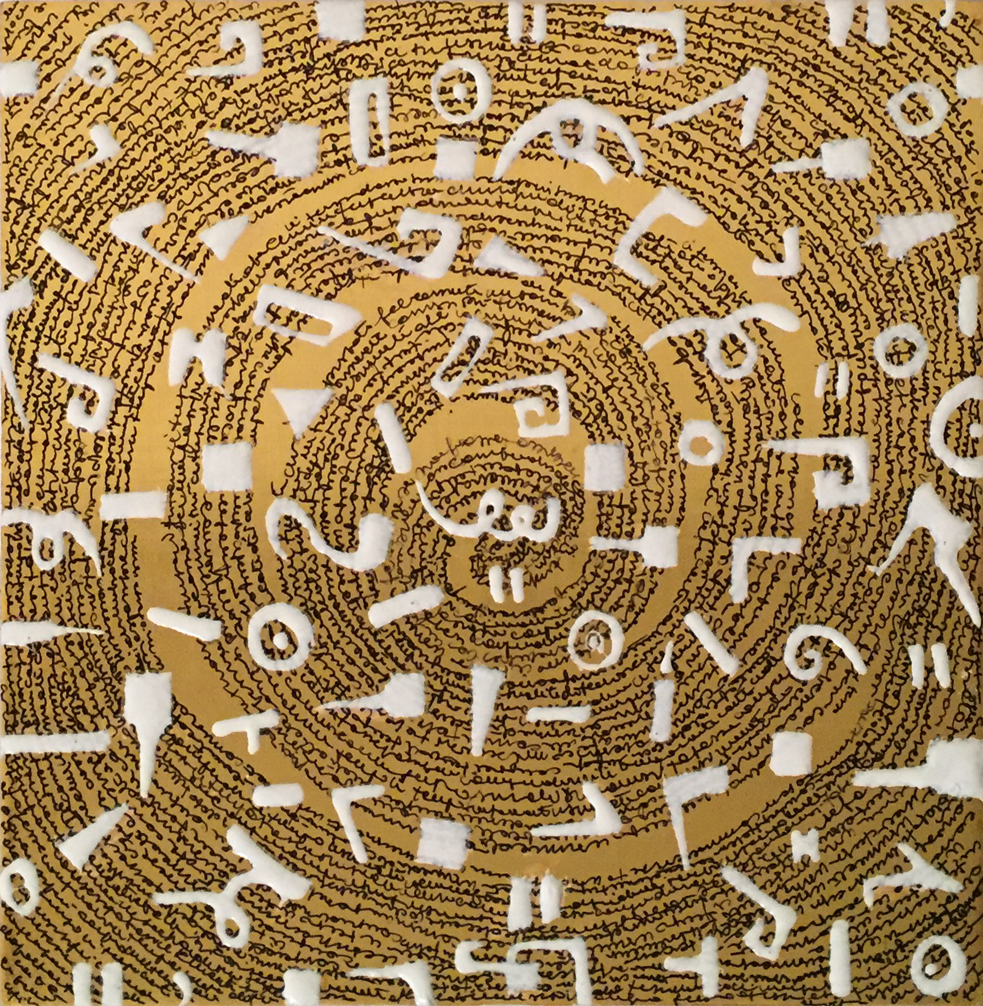 Tania Pistone, Rongorongo II, 2018, foglia d’oro, tecnica mista e scritta su tavola, 20x20 cm